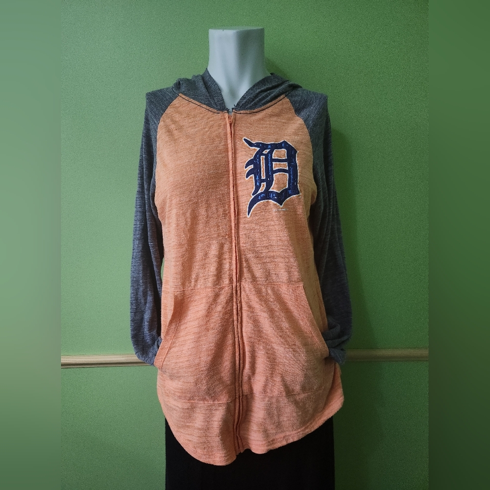 Orange and Navy Zip-Up Hoodie with Blue and White Puffy "D"